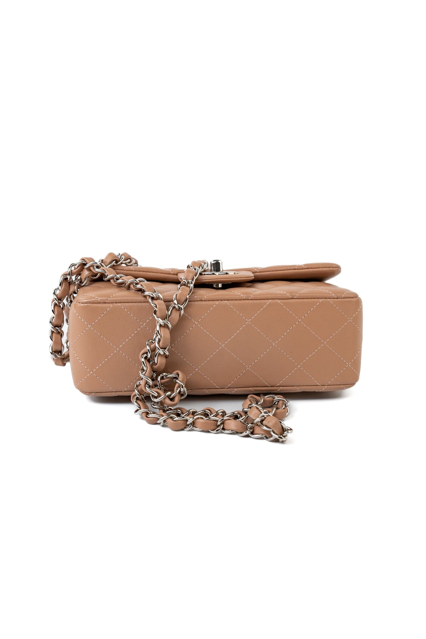 Light Caramel Lambskin Quilted Mini Rectangular Flap Silver Hardware