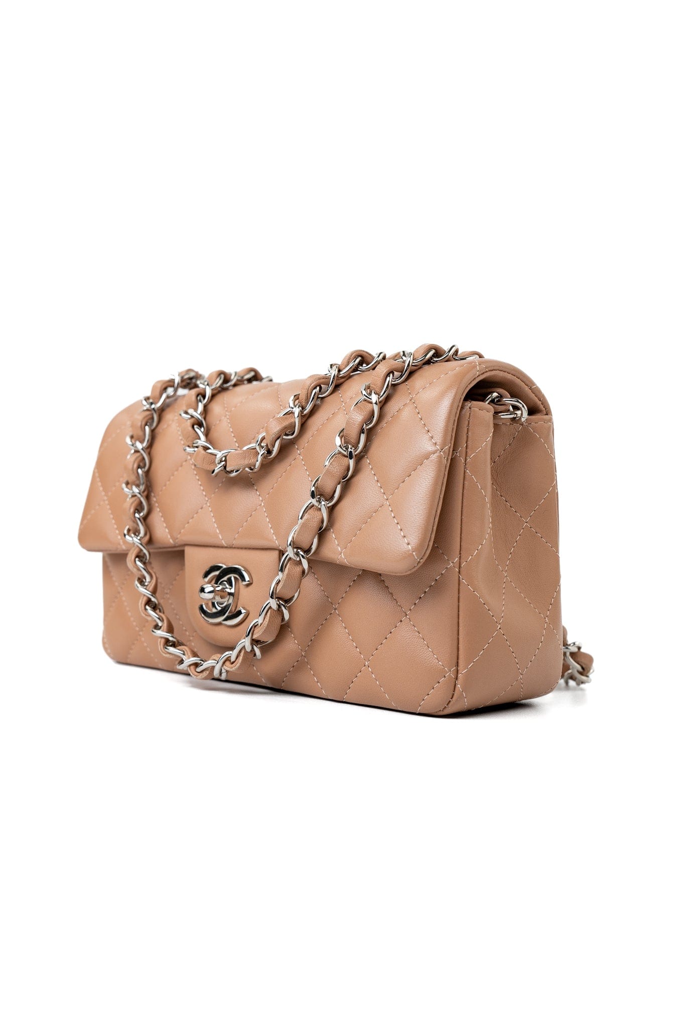 Light Caramel Lambskin Quilted Mini Rectangular Flap Silver Hardware