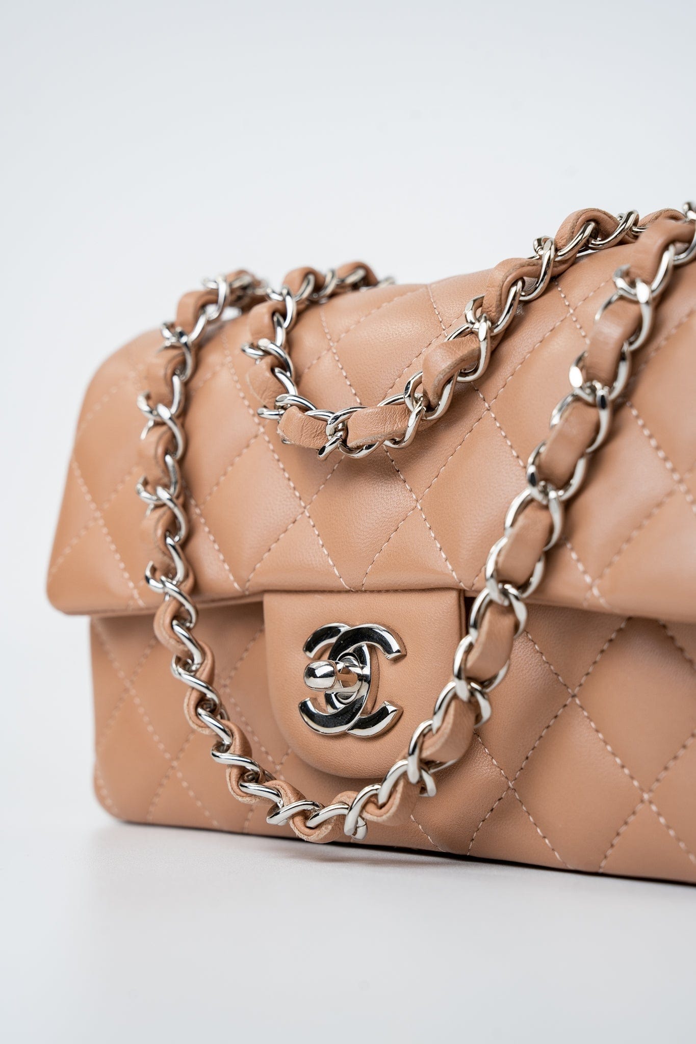 Light Caramel Lambskin Quilted Mini Rectangular Flap Silver Hardware