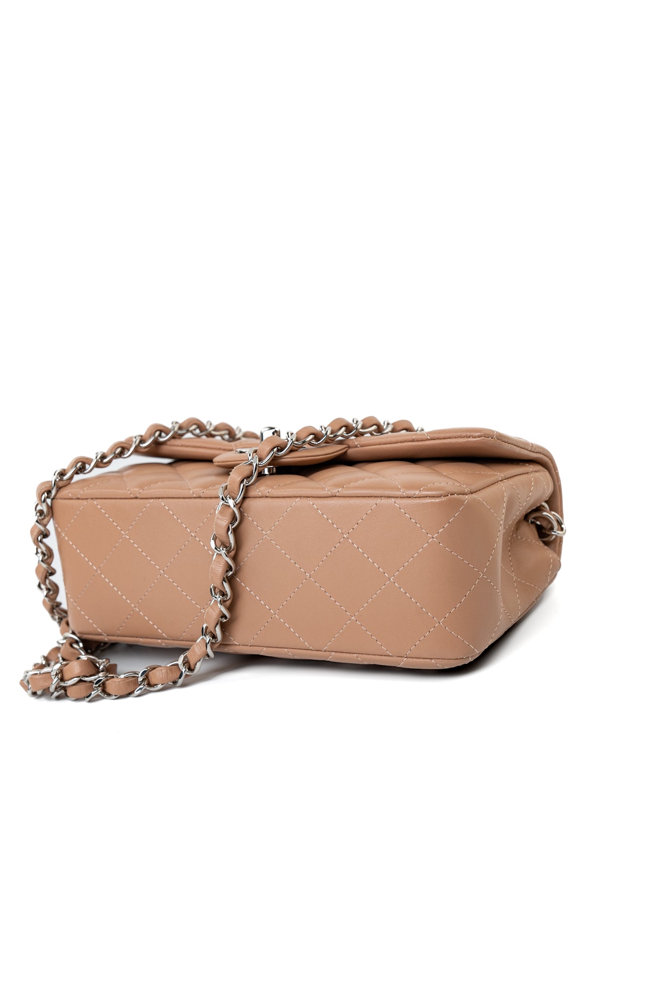 Light Caramel Lambskin Quilted Mini Rectangular Flap Silver Hardware