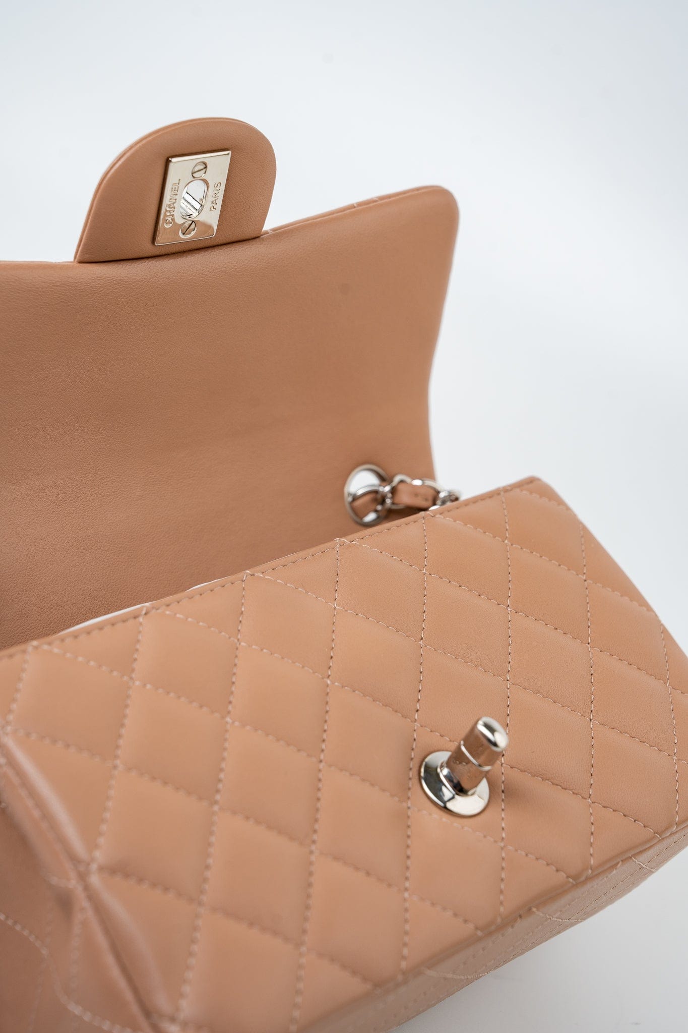 Light Caramel Lambskin Quilted Mini Rectangular Flap Silver Hardware