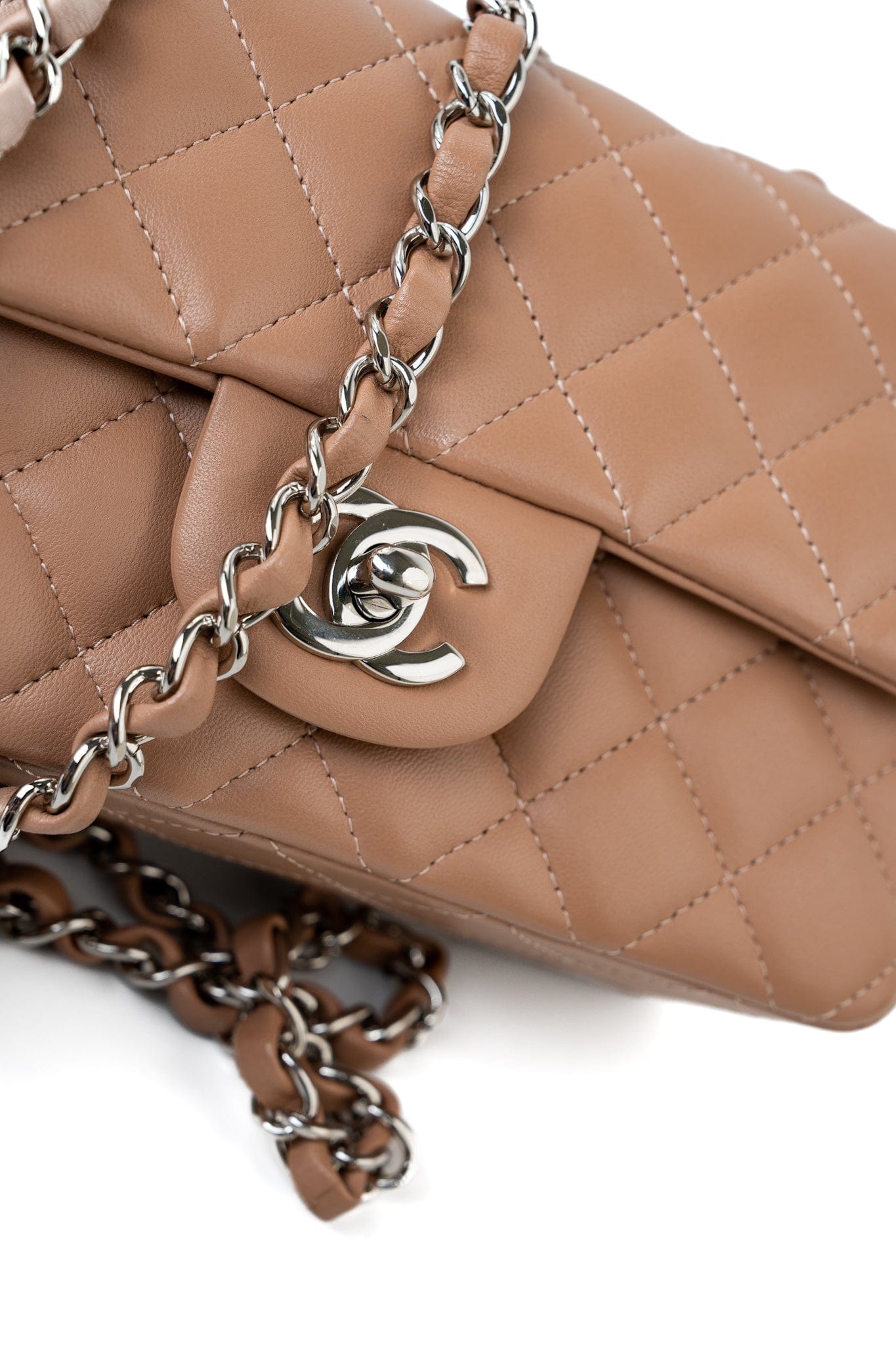 Light Caramel Lambskin Quilted Mini Rectangular Flap Silver Hardware