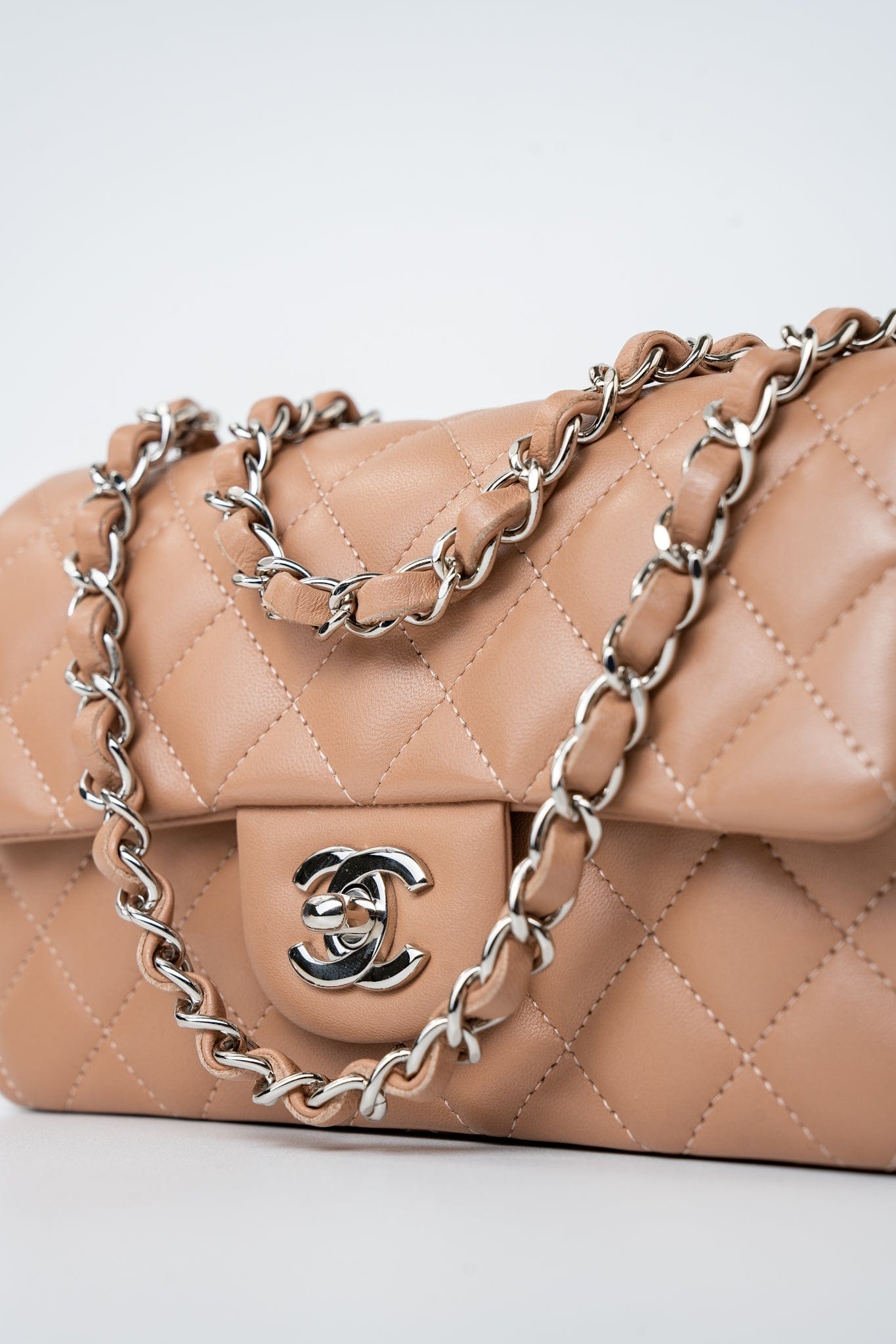 Light Caramel Lambskin Quilted Mini Rectangular Flap Silver Hardware