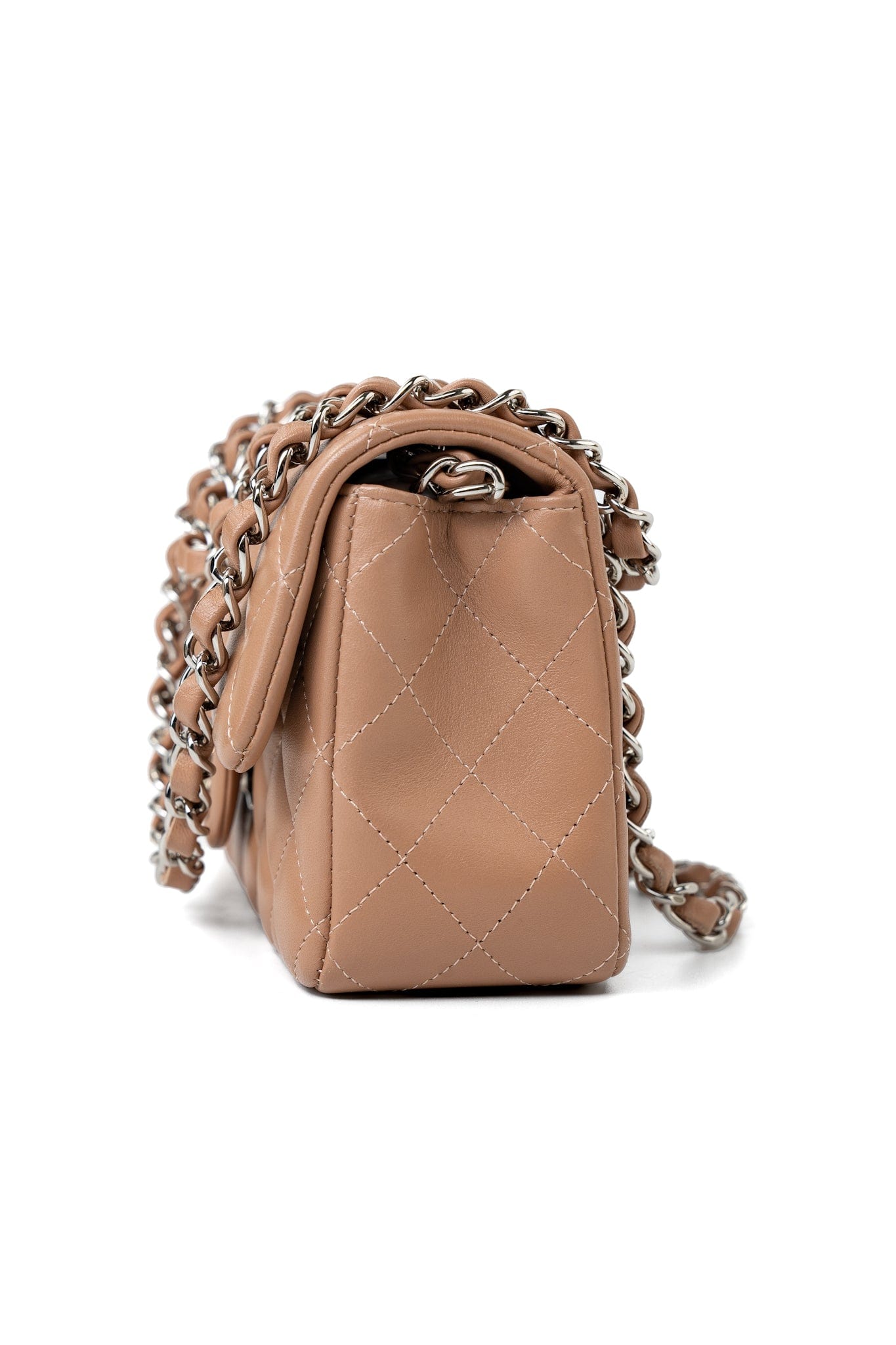 Light Caramel Lambskin Quilted Mini Rectangular Flap Silver Hardware