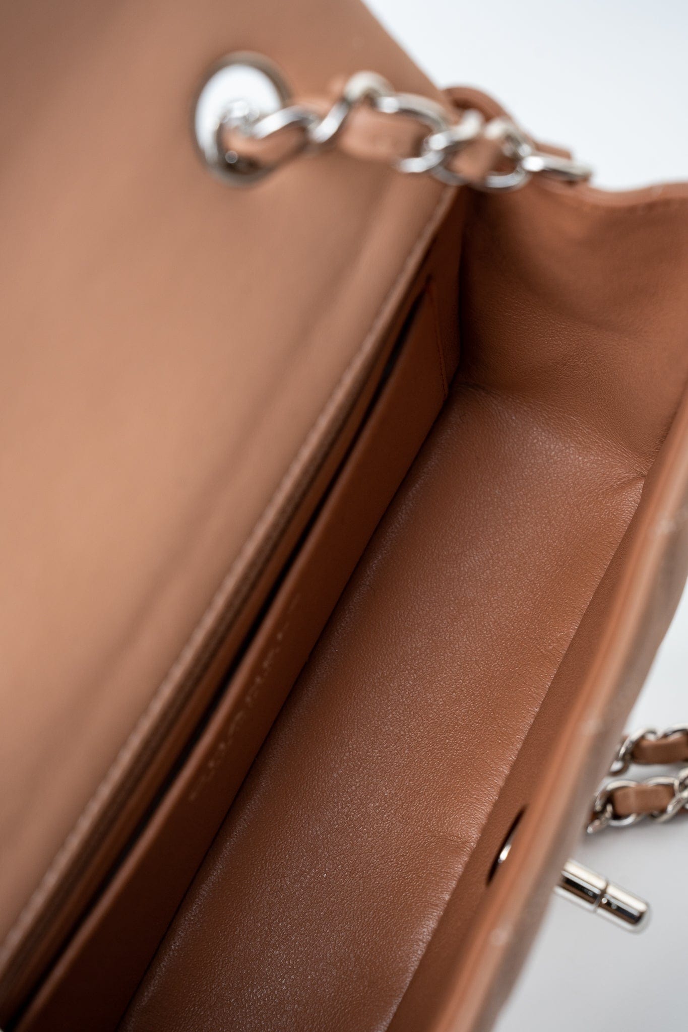 Light Caramel Lambskin Quilted Mini Rectangular Flap Silver Hardware