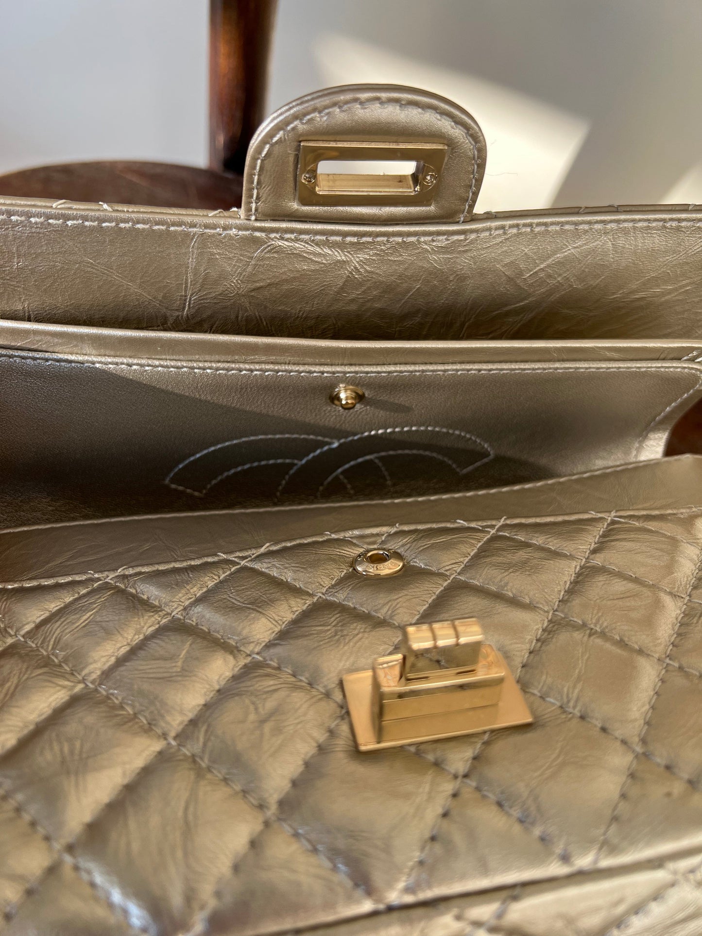 Light Metallic Gold Aged Calfskin Quilted Small Reissue 2.55