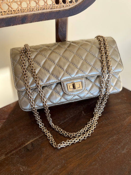 Light Metallic Gold Aged Calfskin Quilted Small Reissue 2.55