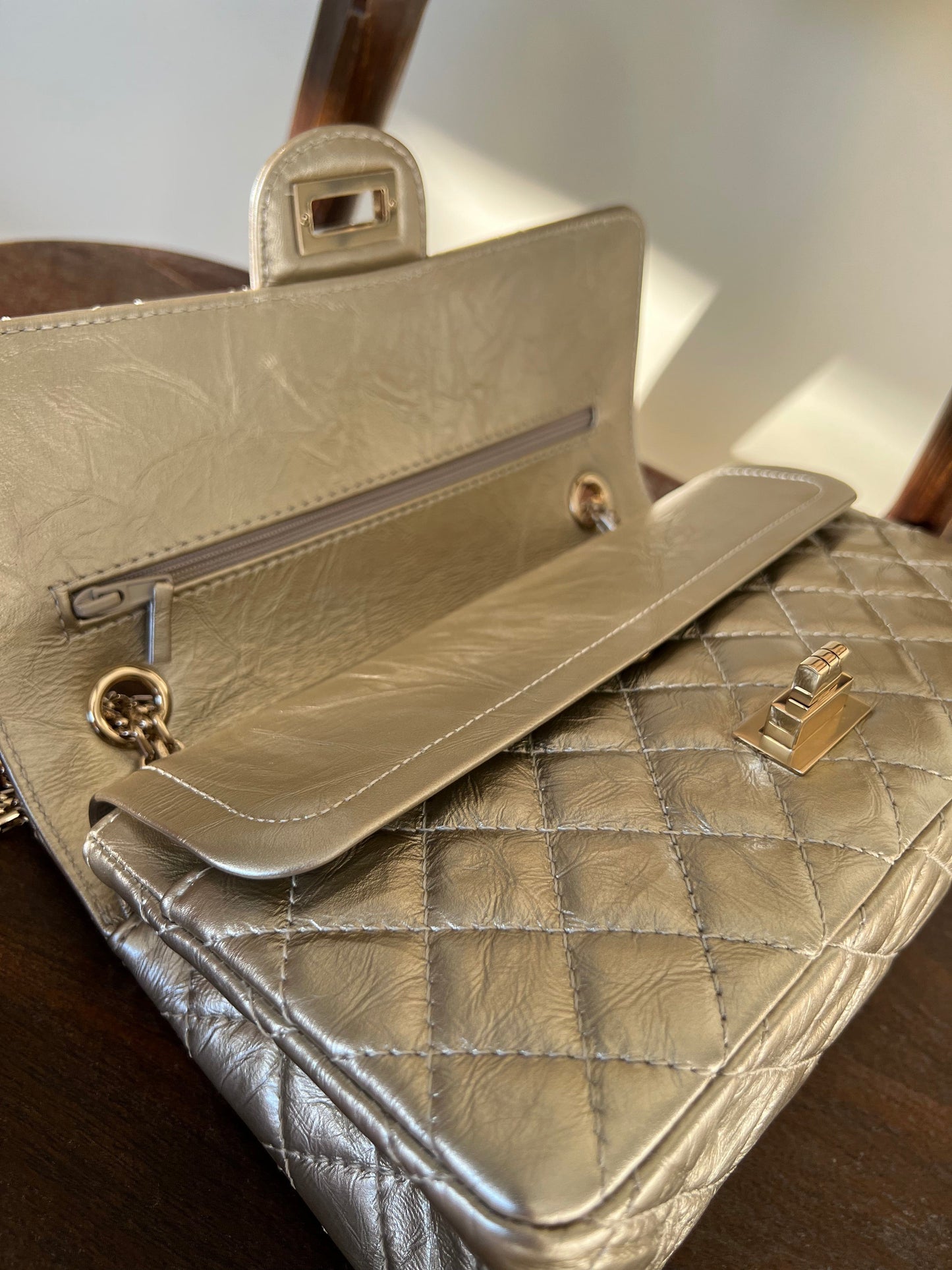 Light Metallic Gold Aged Calfskin Quilted Small Reissue 2.55