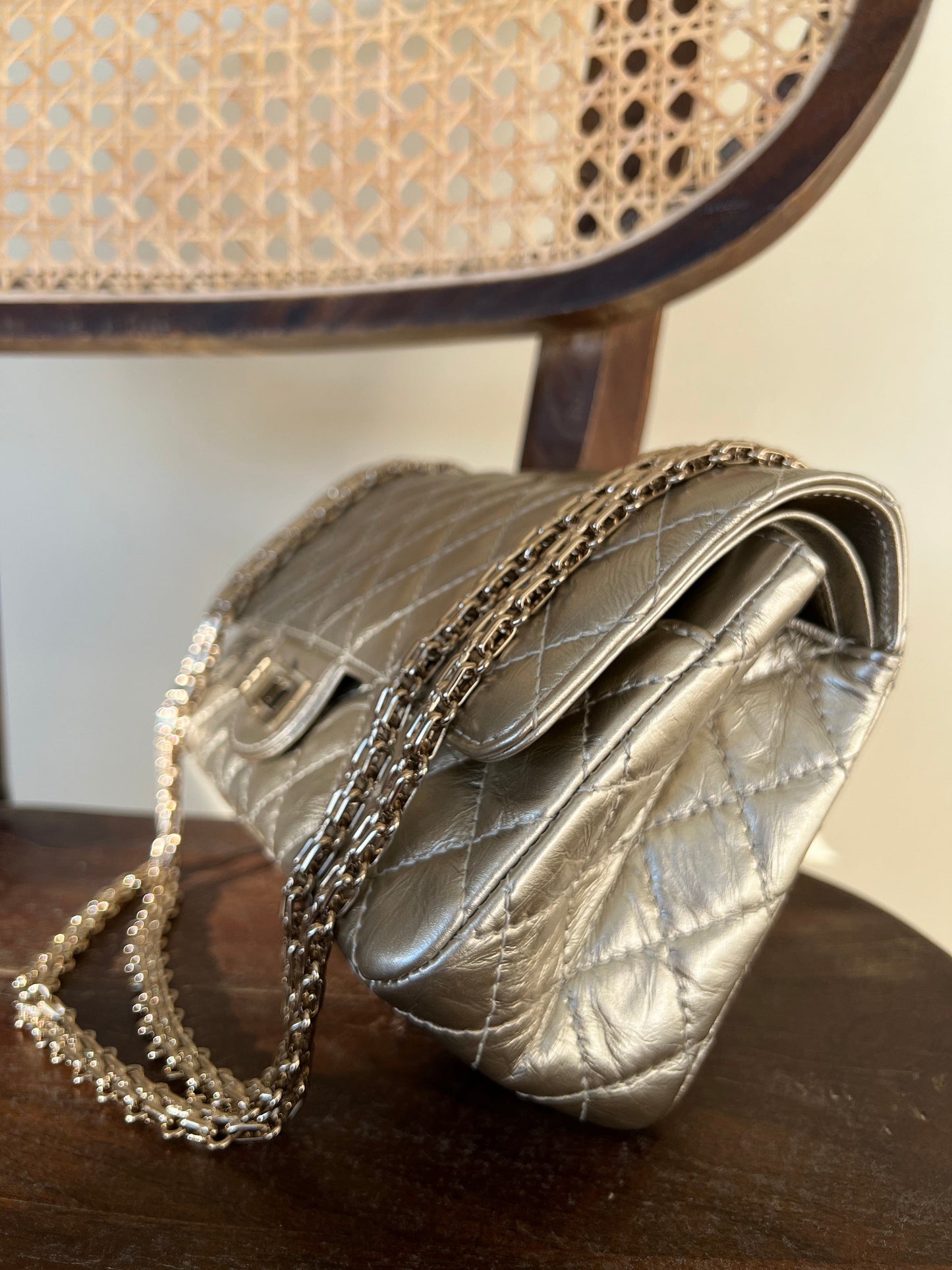 Light Metallic Gold Aged Calfskin Quilted Small Reissue 2.55