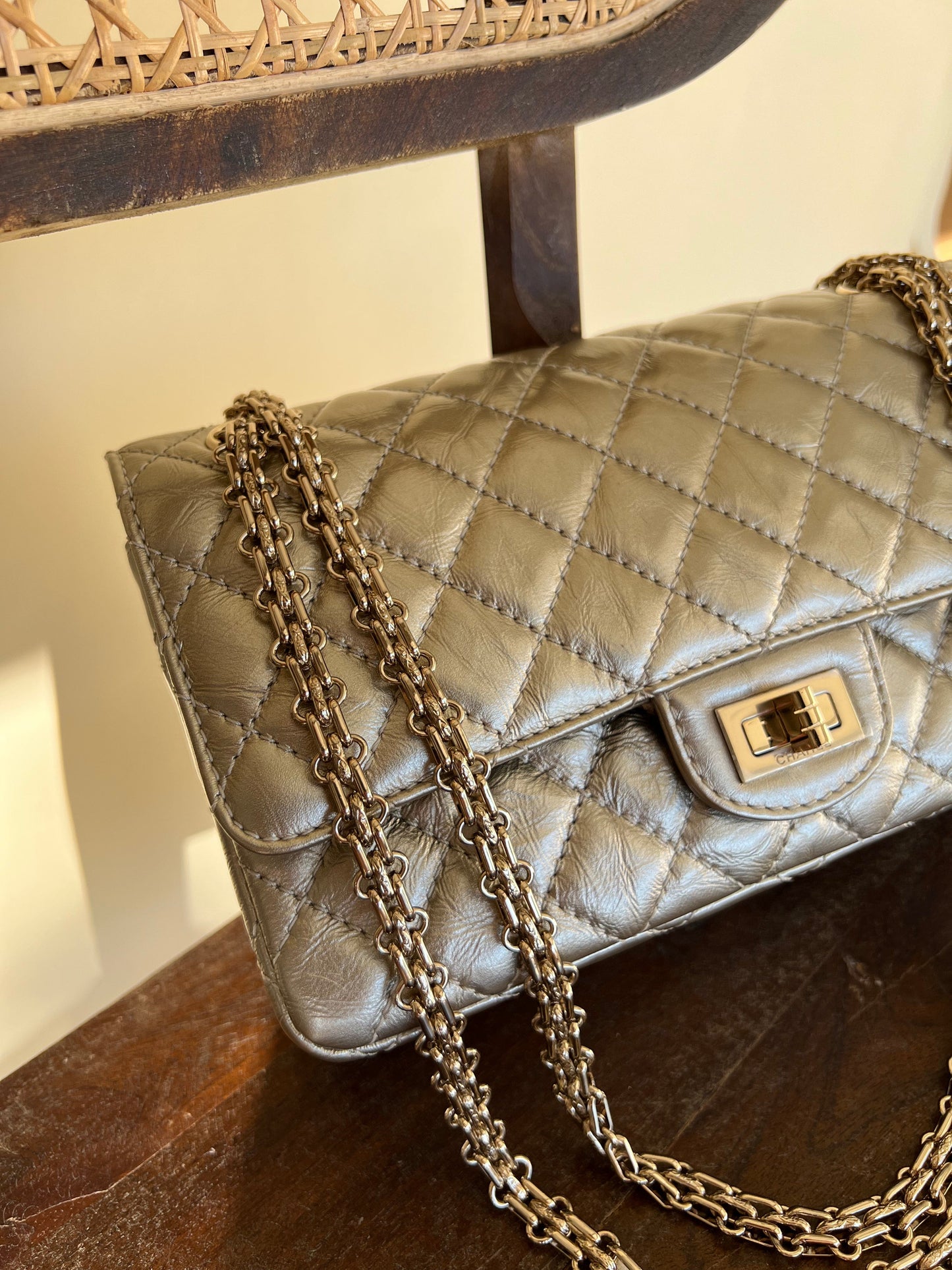 Light Metallic Gold Aged Calfskin Quilted Small Reissue 2.55