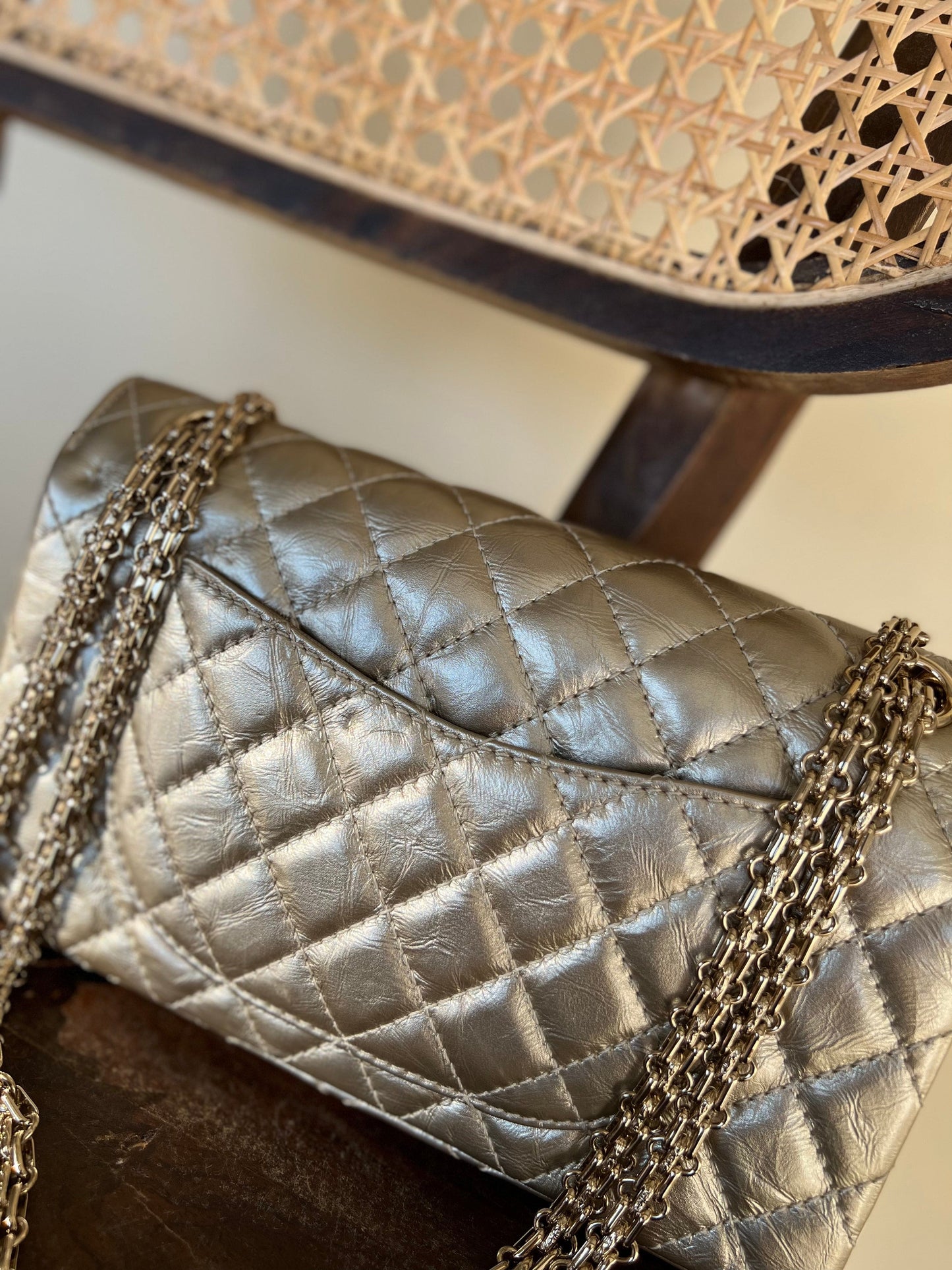 Light Metallic Gold Aged Calfskin Quilted Small Reissue 2.55