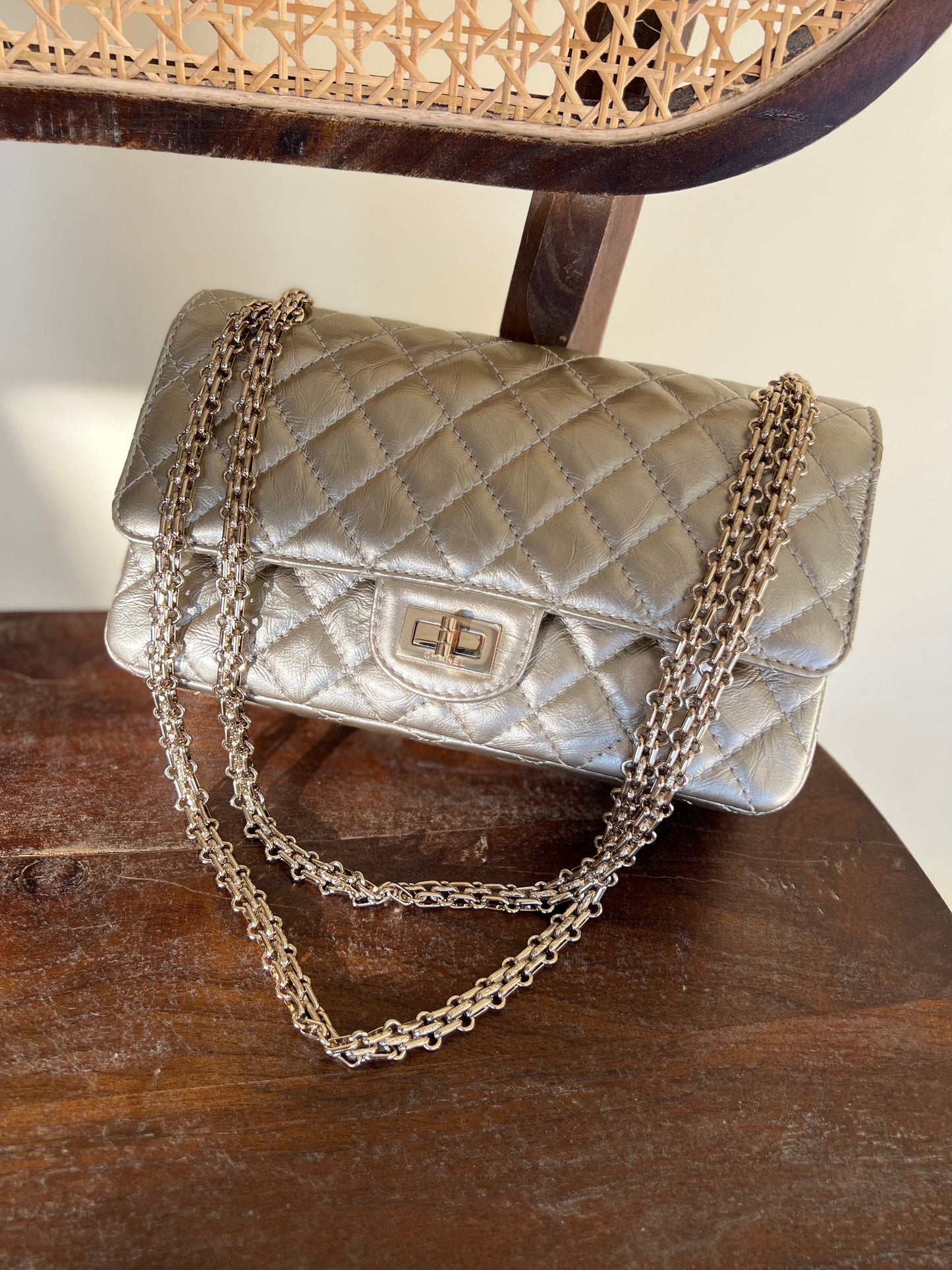 Light Metallic Gold Aged Calfskin Quilted Small Reissue 2.55