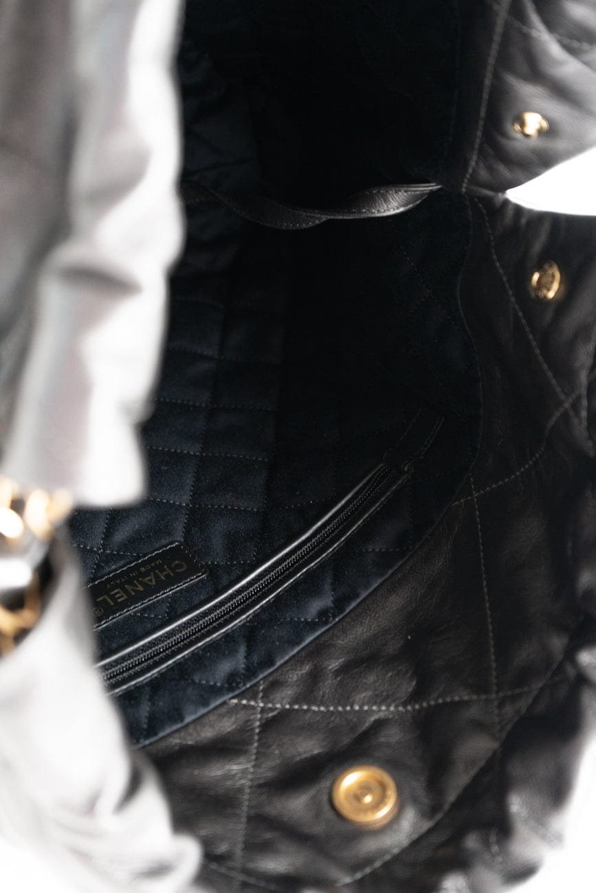 Metallic Charcoal Calfskin Quilted  22 Bag Medium Aged Gold Hardware