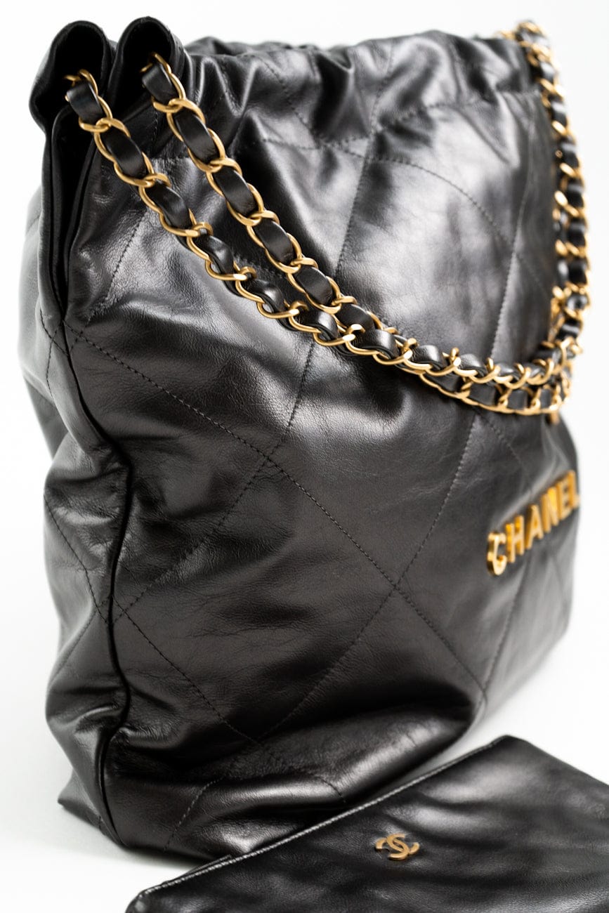 Metallic Charcoal Calfskin Quilted  22 Bag Medium Aged Gold Hardware