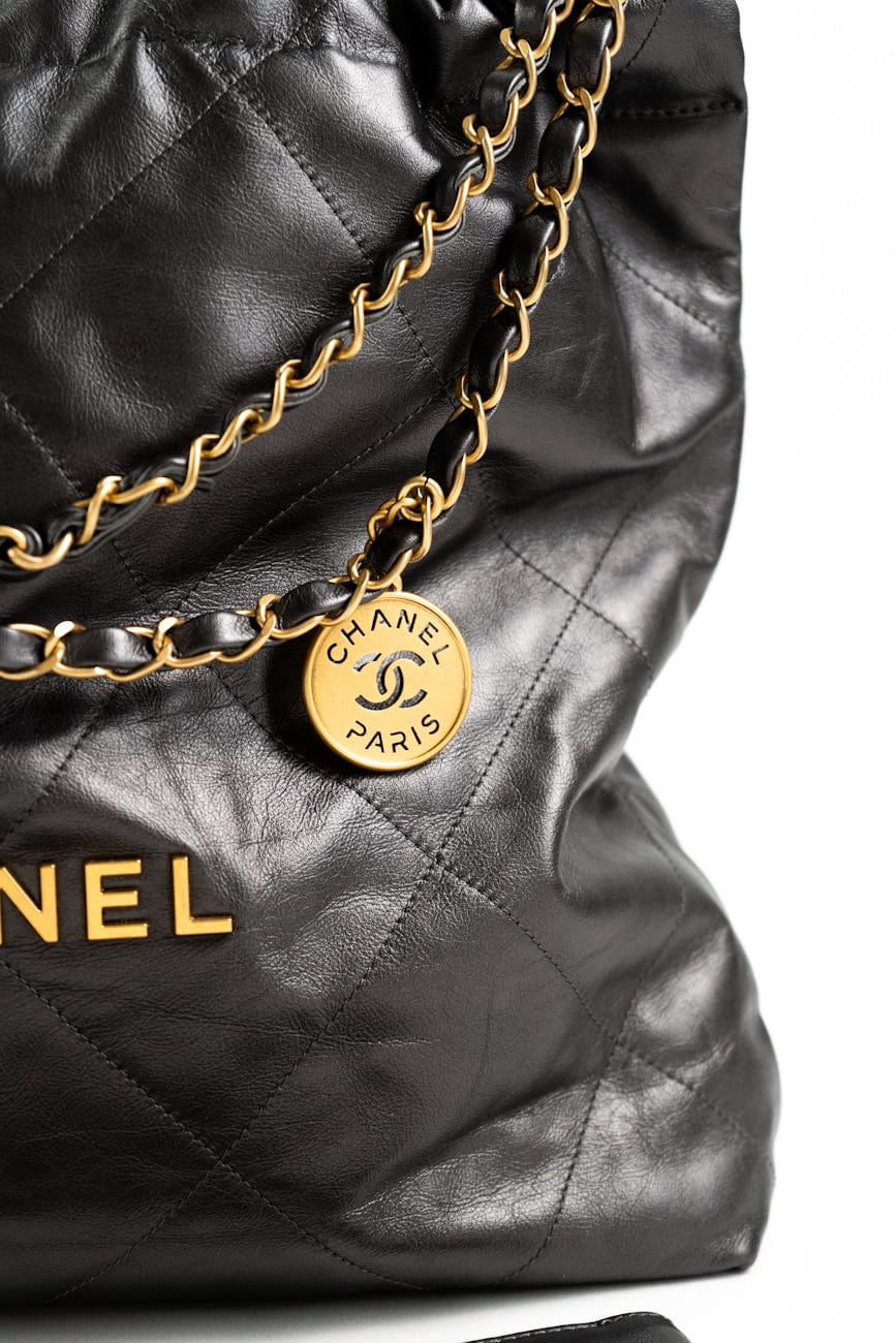 Metallic Charcoal Calfskin Quilted  22 Bag Medium Aged Gold Hardware