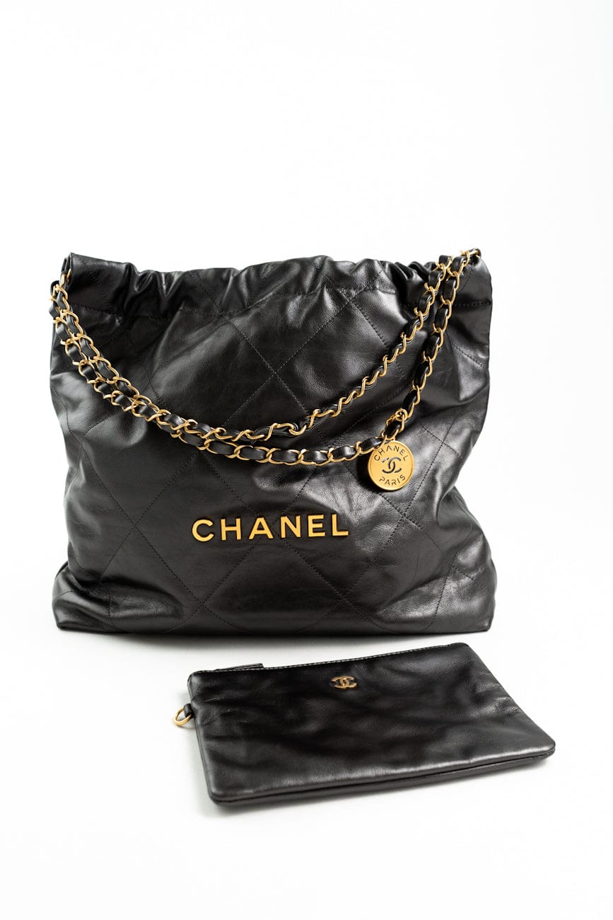 Metallic Charcoal Calfskin Quilted  22 Bag Medium Aged Gold Hardware