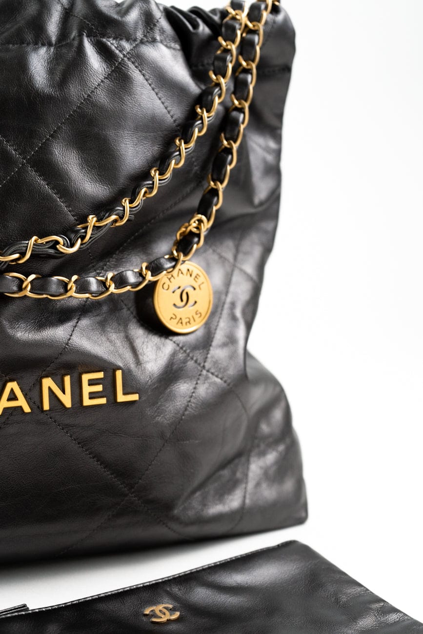 Metallic Charcoal Calfskin Quilted  22 Bag Medium Aged Gold Hardware