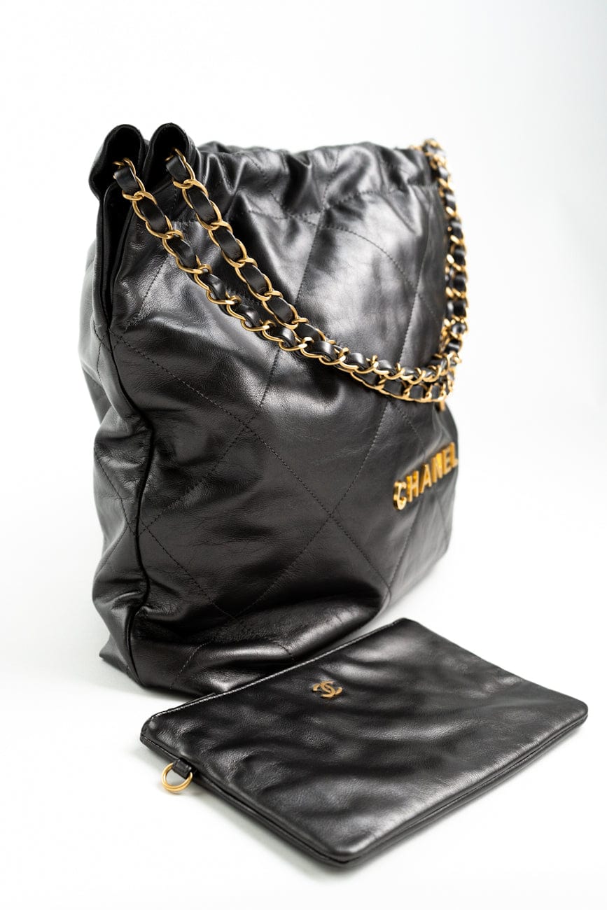 Metallic Charcoal Calfskin Quilted  22 Bag Medium Aged Gold Hardware