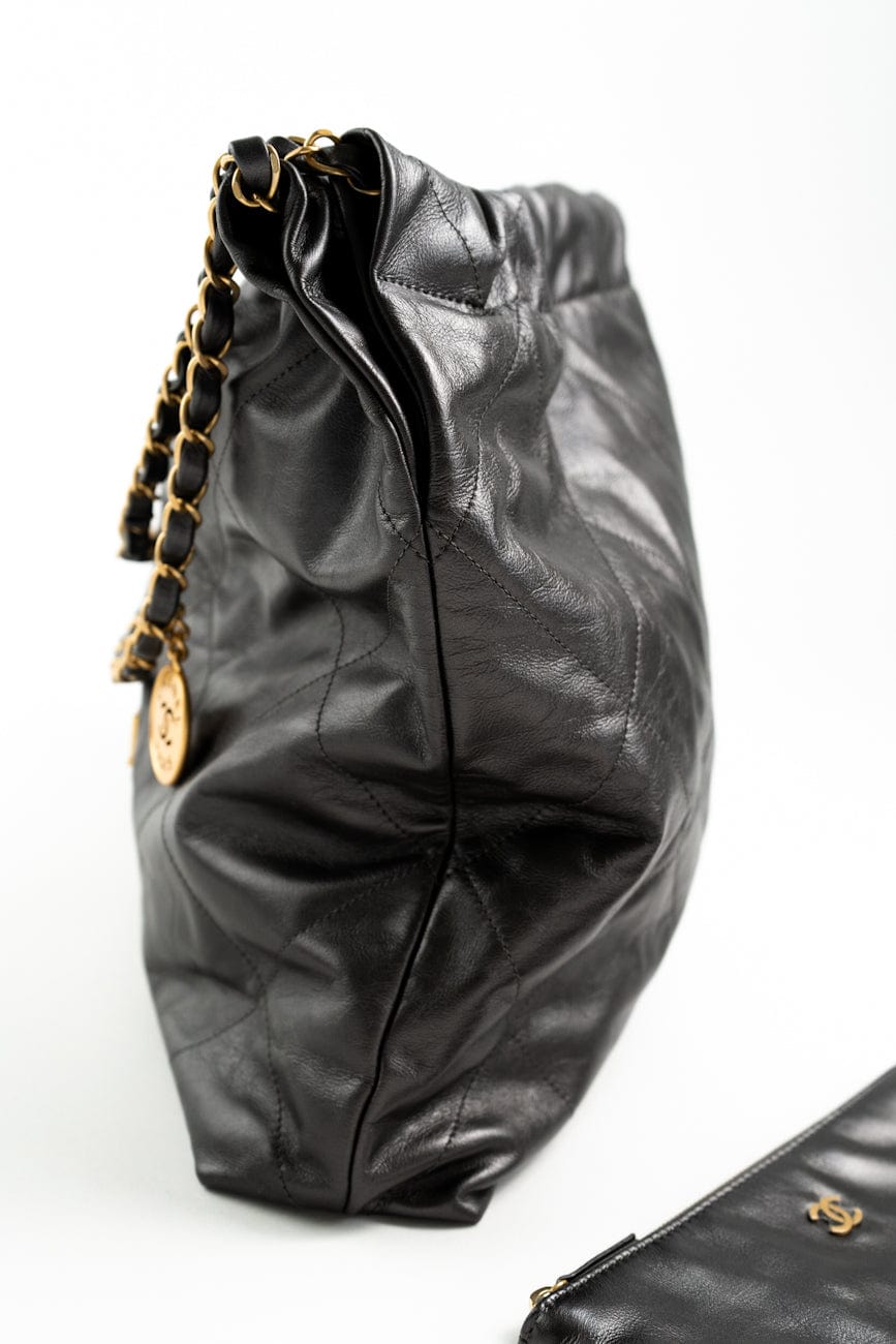 Metallic Charcoal Calfskin Quilted  22 Bag Medium Aged Gold Hardware