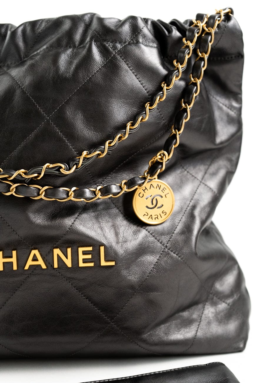 Metallic Charcoal Calfskin Quilted  22 Bag Medium Aged Gold Hardware