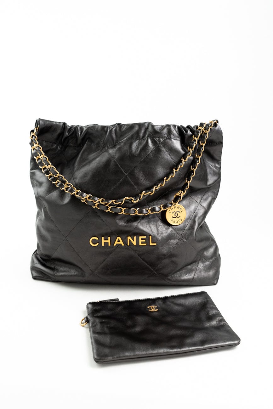 Metallic Charcoal Calfskin Quilted  22 Bag Medium Aged Gold Hardware