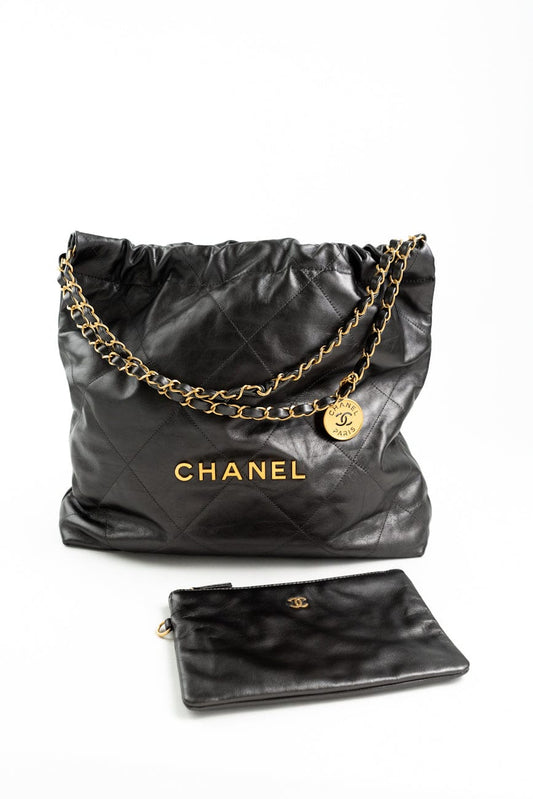 Metallic Charcoal Calfskin Quilted  22 Bag Medium Aged Gold Hardware