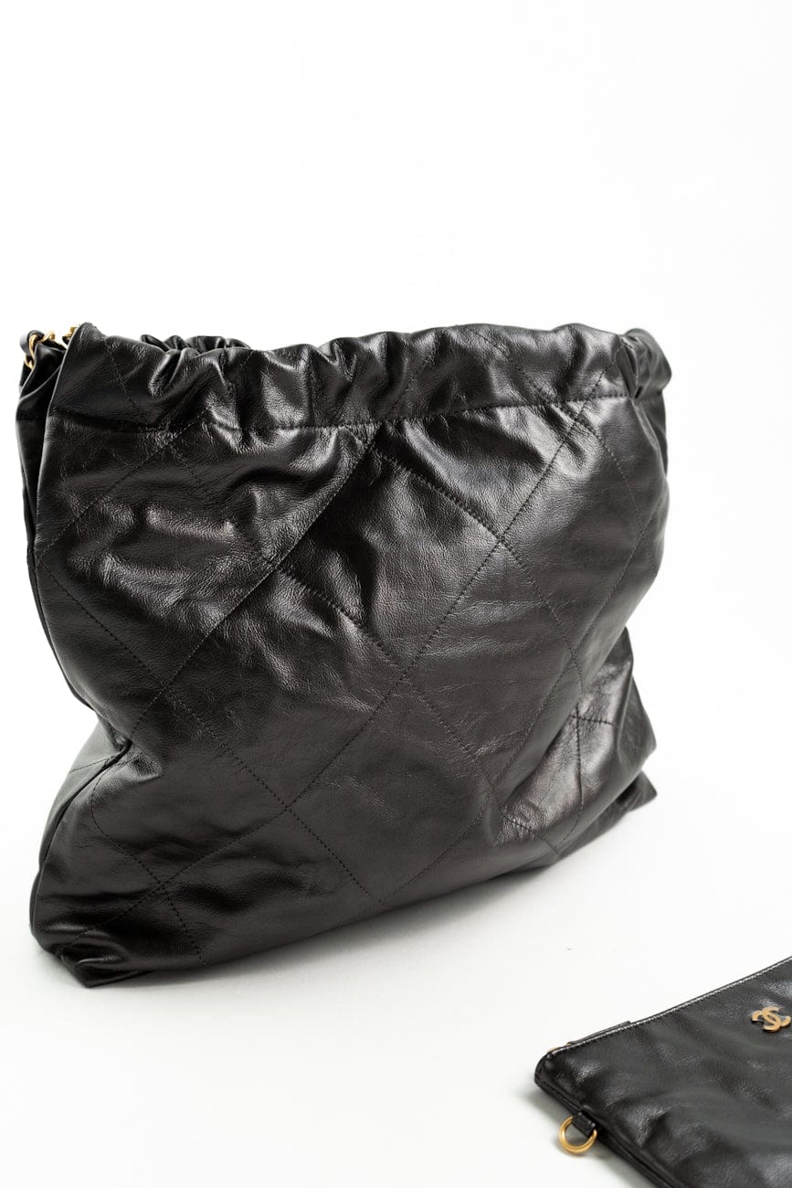 Metallic Charcoal Calfskin Quilted  22 Bag Medium Aged Gold Hardware