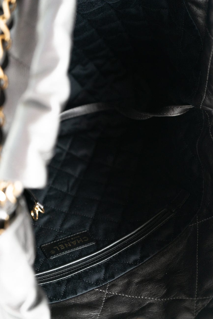 Metallic Charcoal Calfskin Quilted  22 Bag Medium Aged Gold Hardware