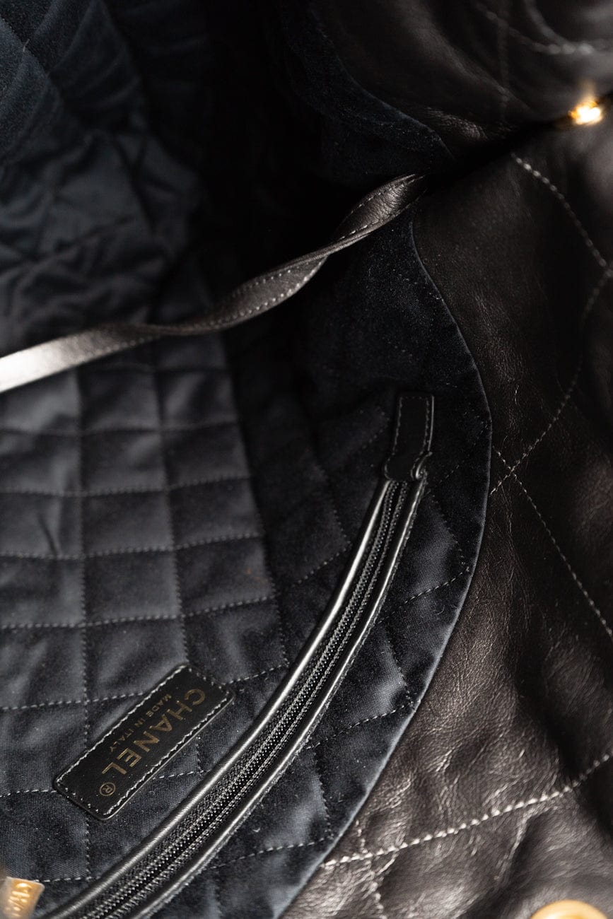 Metallic Charcoal Calfskin Quilted  22 Bag Medium Aged Gold Hardware