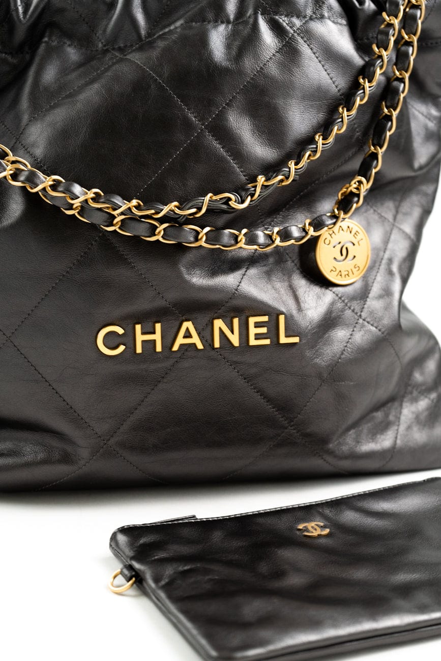 Metallic Charcoal Calfskin Quilted  22 Bag Medium Aged Gold Hardware