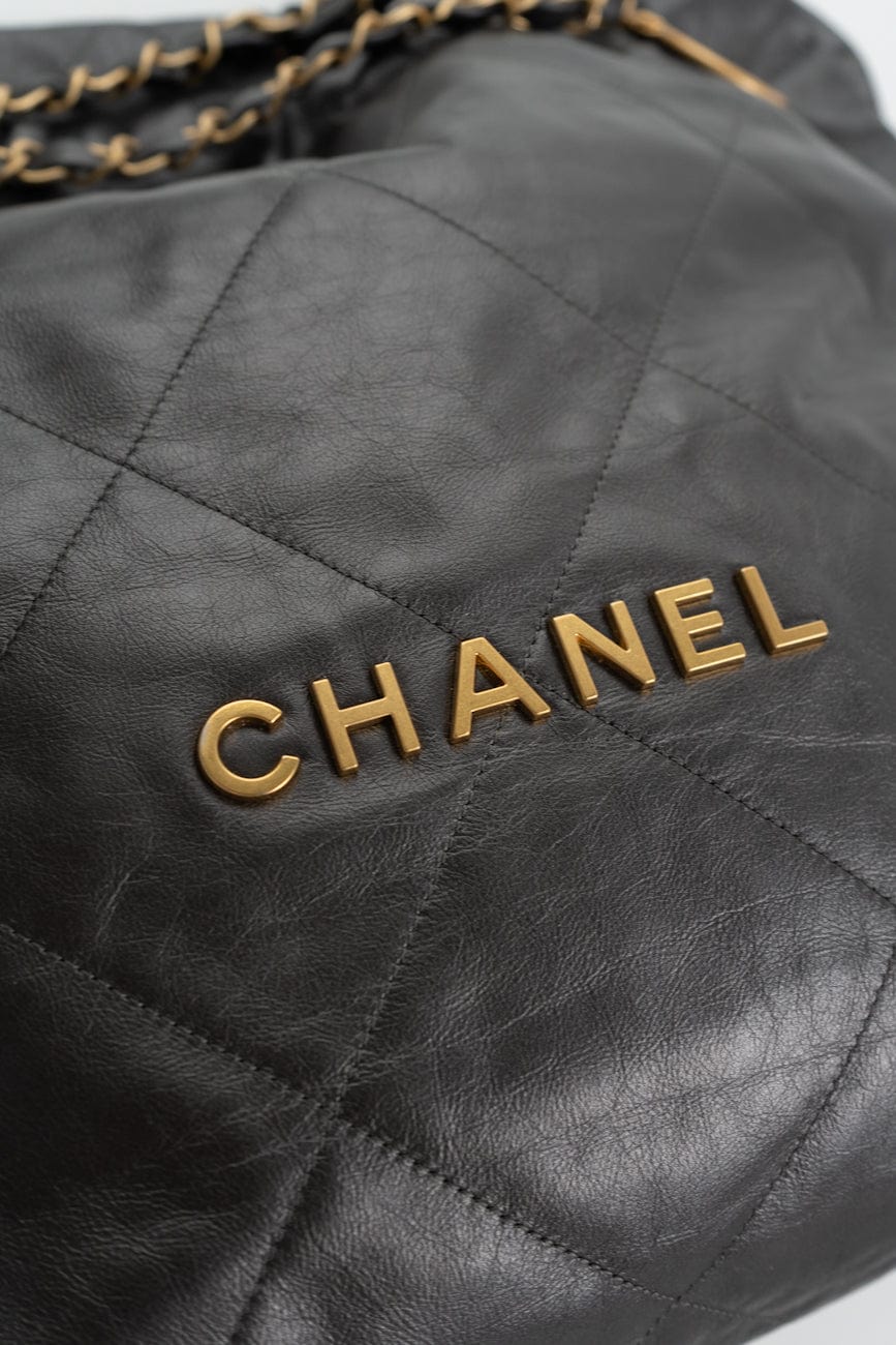 Metallic Charcoal Calfskin Quilted  22 Bag Medium Aged Gold Hardware