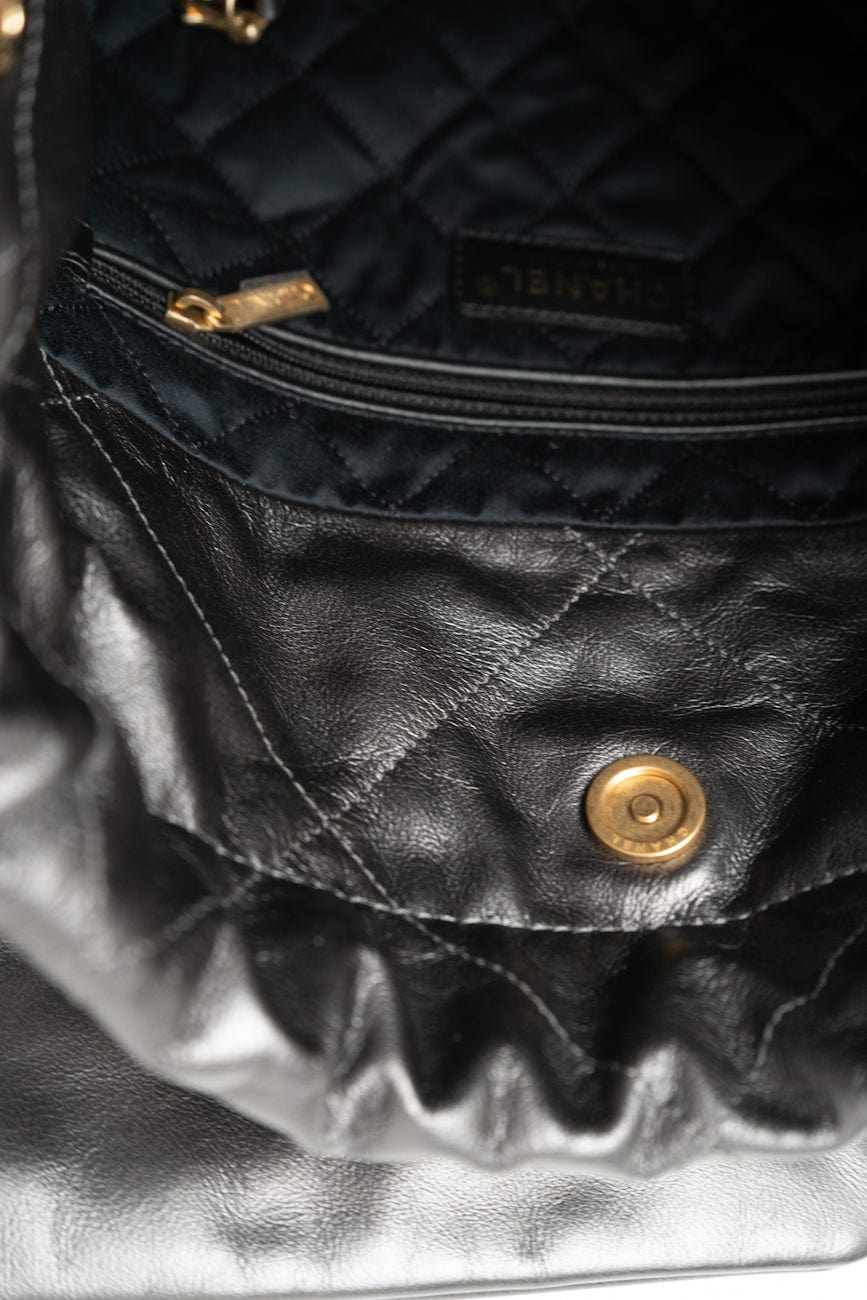 Metallic Charcoal Calfskin Quilted  22 Bag Medium Aged Gold Hardware