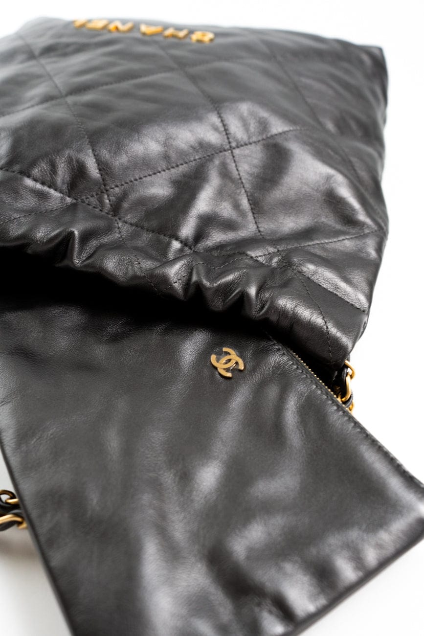 Metallic Charcoal Calfskin Quilted  22 Bag Medium Aged Gold Hardware