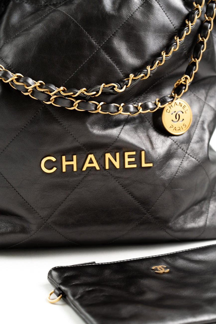 Metallic Charcoal Calfskin Quilted  22 Bag Medium Aged Gold Hardware