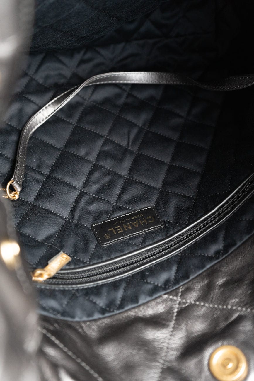 Metallic Charcoal Calfskin Quilted  22 Bag Medium Aged Gold Hardware