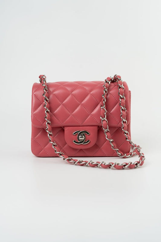 Mini Square Pink Lambskin Quilted Flap SHW