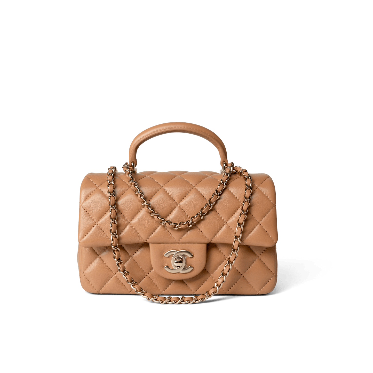 23P Dark Beige Lambskin Quilted Mini Top Handle LGHW