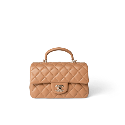 23P Dark Beige Lambskin Quilted Mini Top Handle LGHW