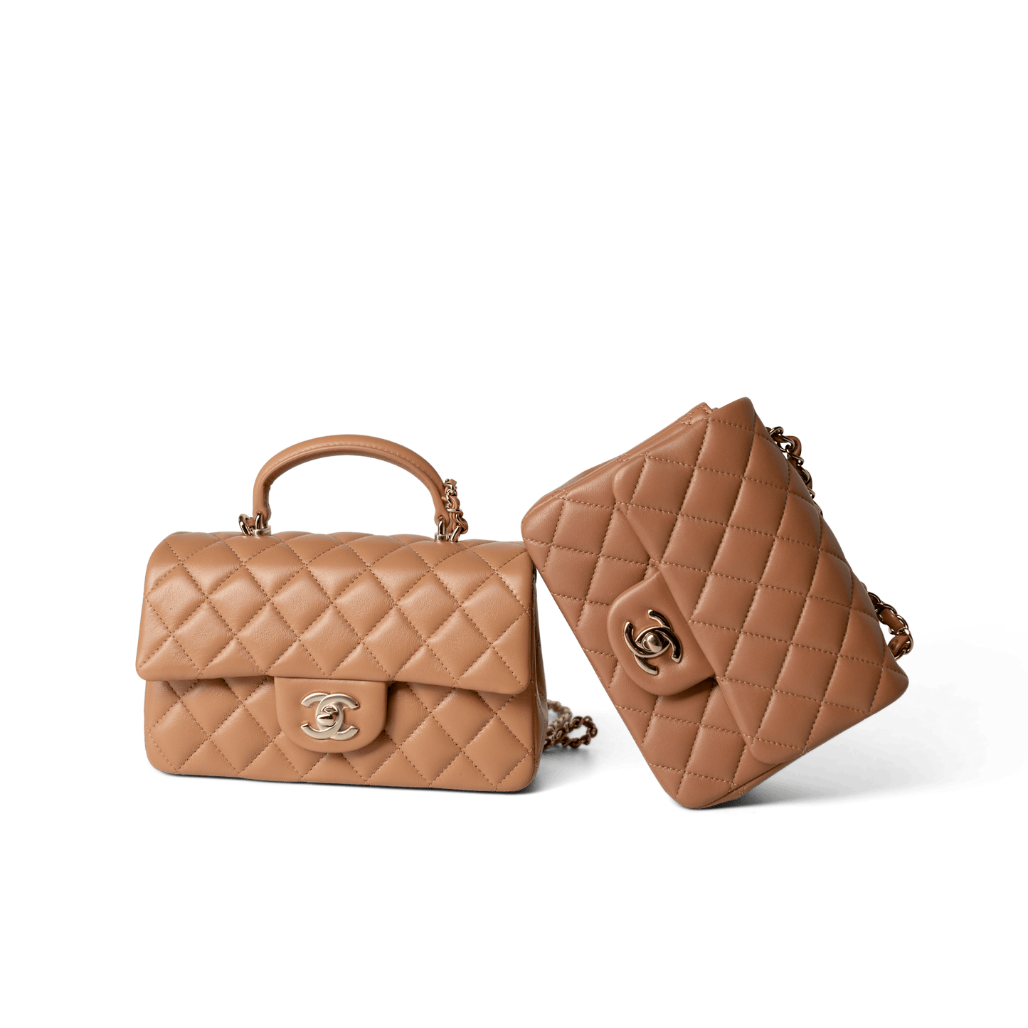 23P Dark Beige Lambskin Quilted Mini Top Handle LGHW