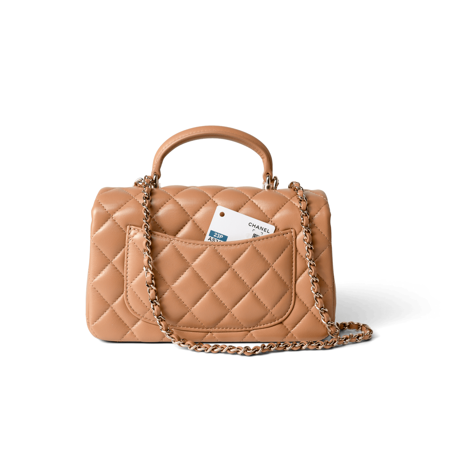 23P Dark Beige Lambskin Quilted Mini Top Handle LGHW