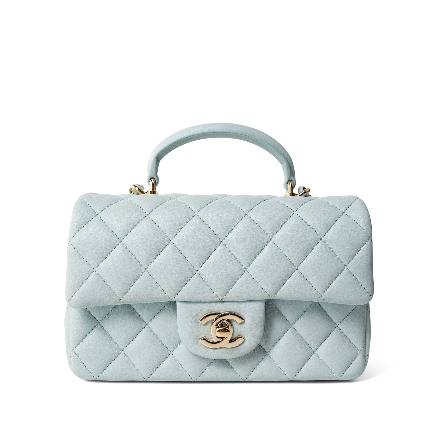 Light Blue Lambskin Quilted Mini Top Handle Light Gold Hardware
