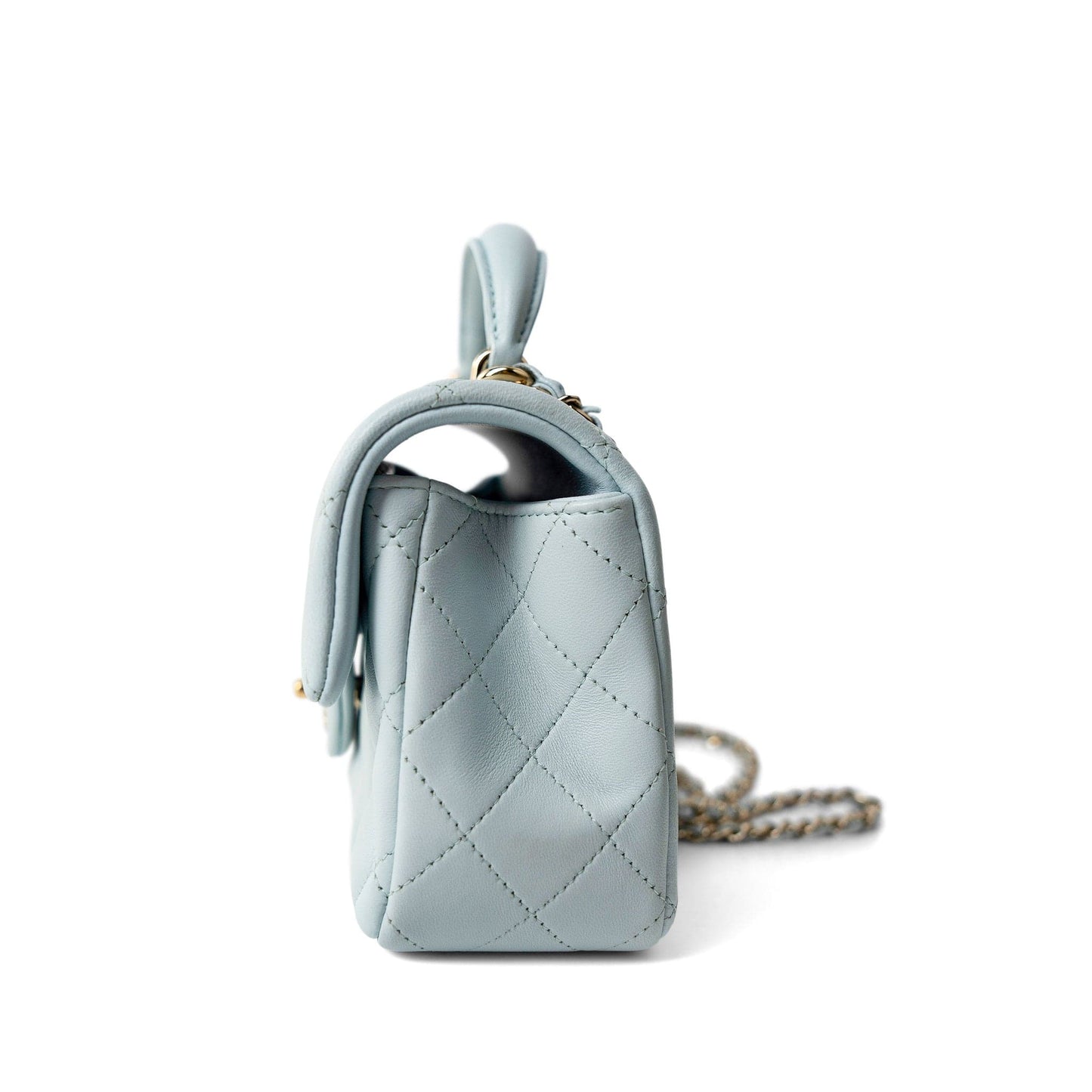 Light Blue Lambskin Quilted Mini Top Handle Light Gold Hardware
