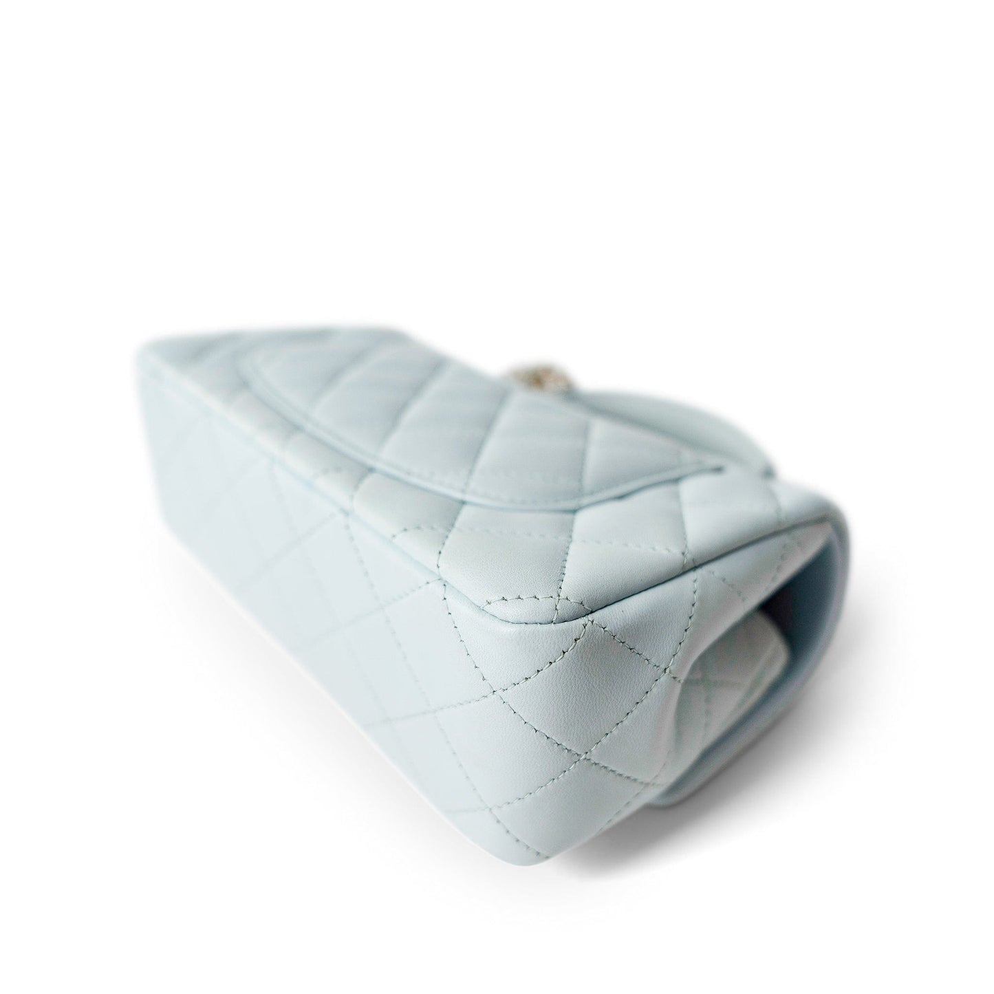 Light Blue Lambskin Quilted Mini Top Handle Light Gold Hardware