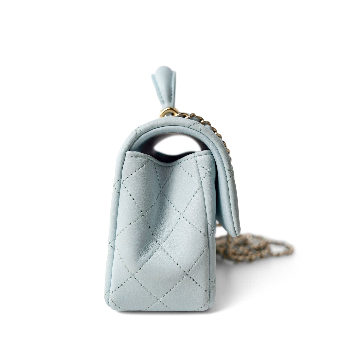 Light Blue Lambskin Quilted Mini Top Handle Light Gold Hardware