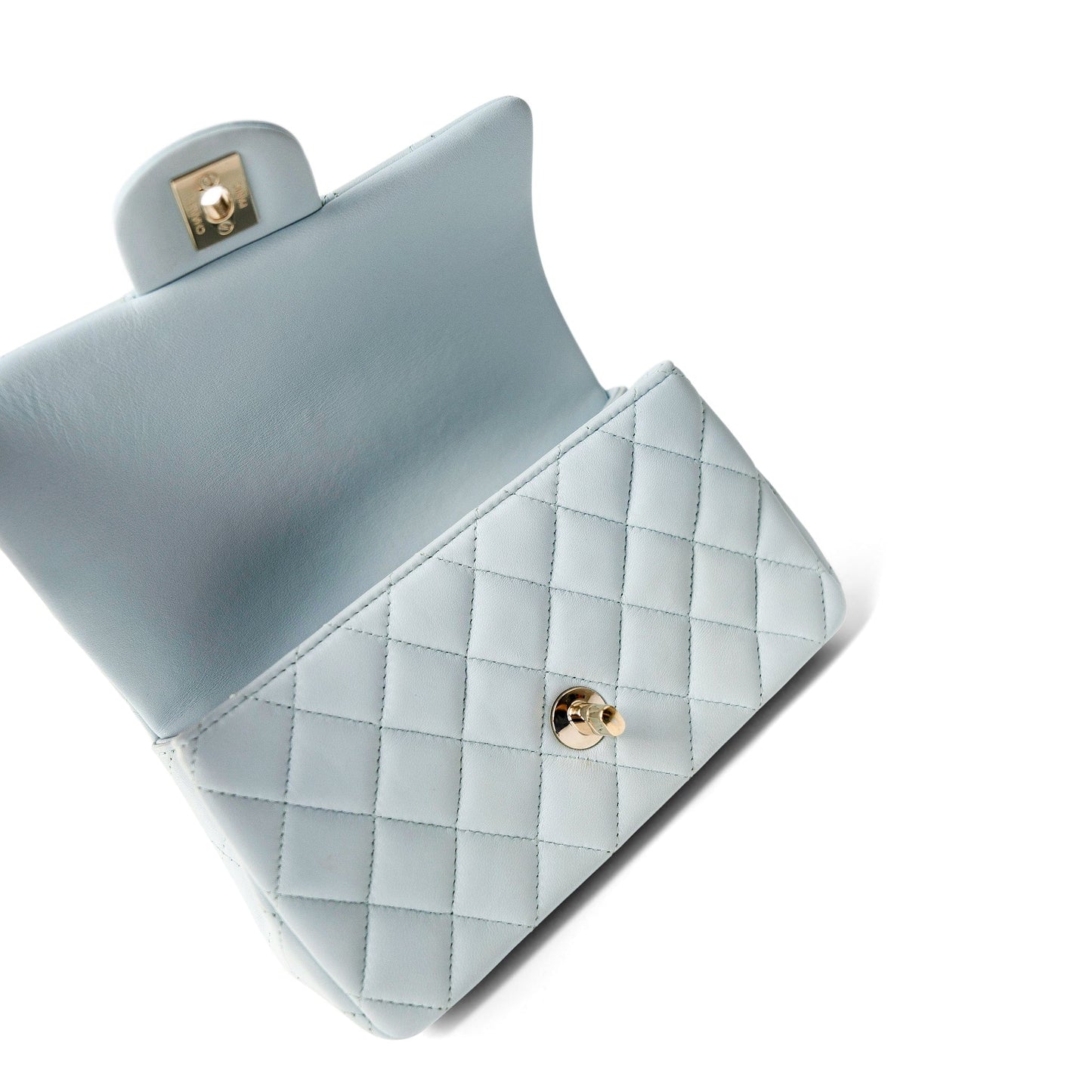 Light Blue Lambskin Quilted Mini Top Handle Light Gold Hardware