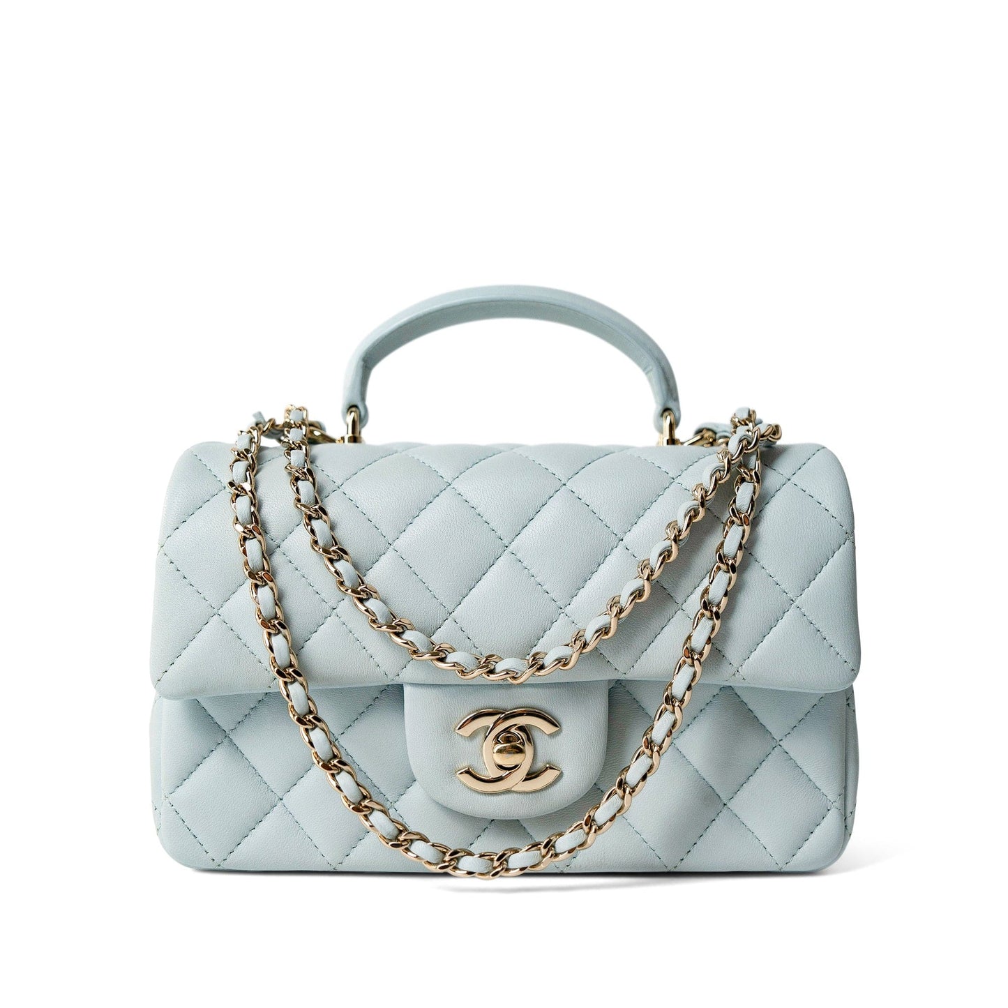 Light Blue Lambskin Quilted Mini Top Handle Light Gold Hardware