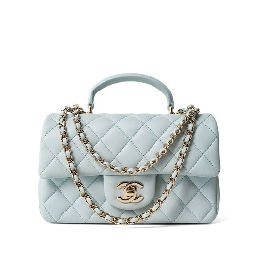 Light Blue Lambskin Quilted Mini Top Handle Light Gold Hardware