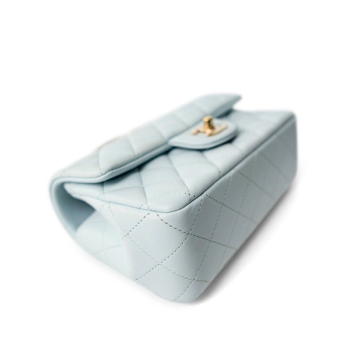 Light Blue Lambskin Quilted Mini Top Handle Light Gold Hardware