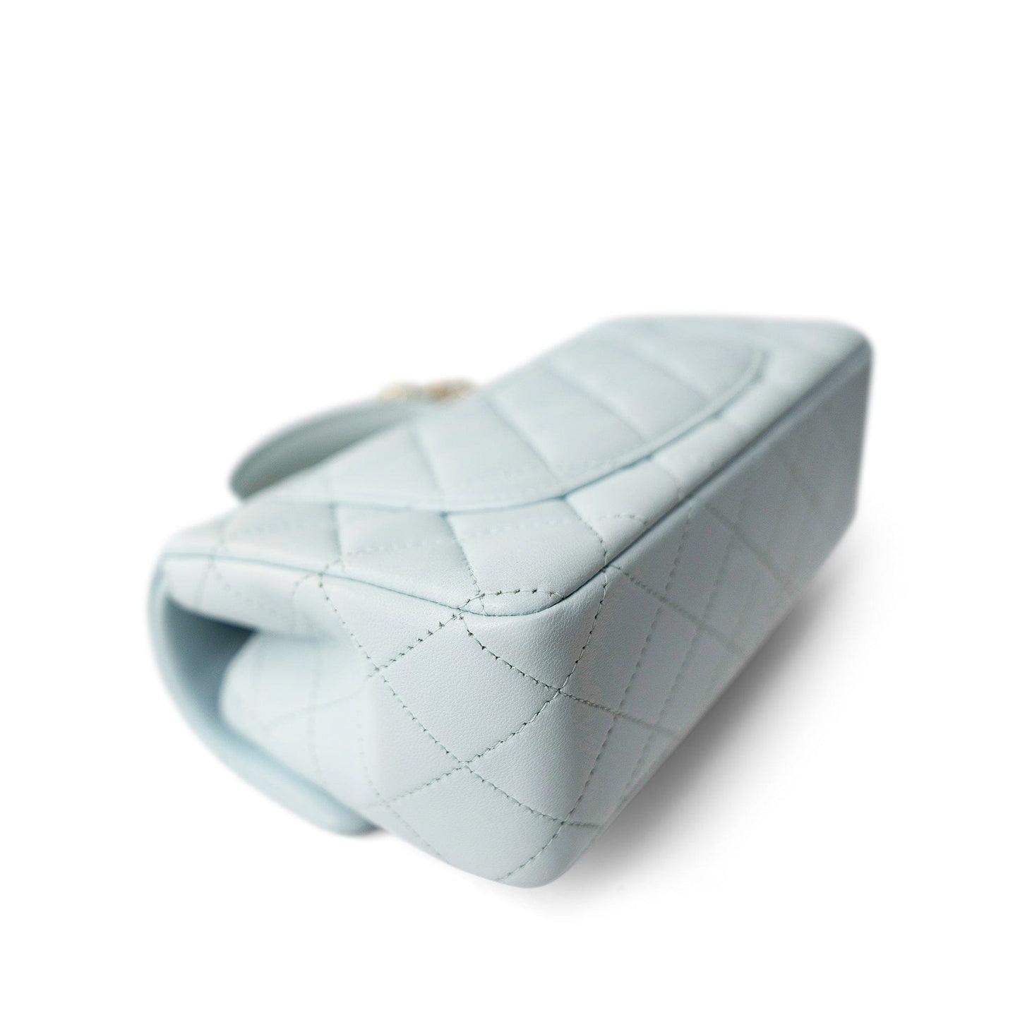 Light Blue Lambskin Quilted Mini Top Handle Light Gold Hardware