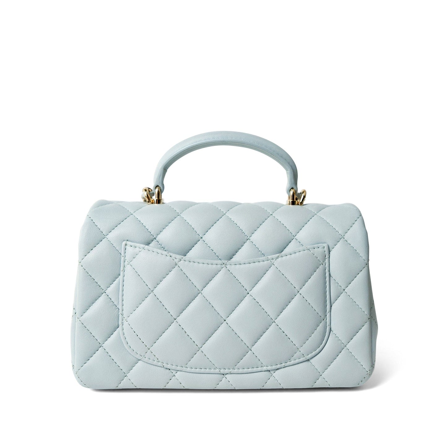 Light Blue Lambskin Quilted Mini Top Handle Light Gold Hardware